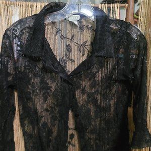 Vintage 90s Black Lace Button Up Top